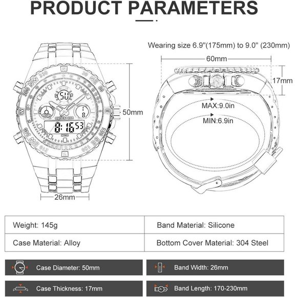 Men's Large Waterproof Stopwatch Luminous Digital Analog Watch with Rubber Band - Picture 3 of 7